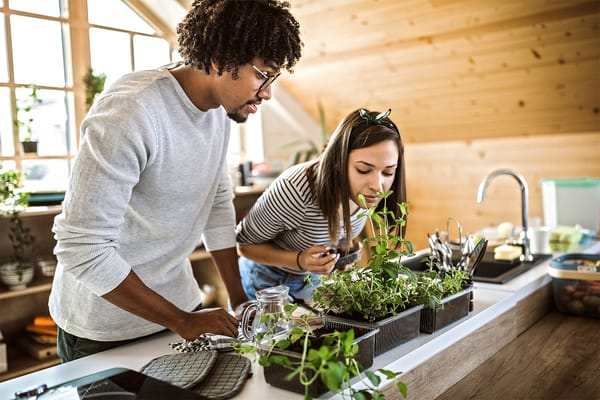 Couple tending to their indoor herb garden.